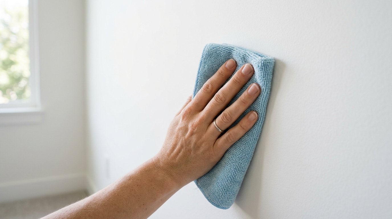 Close up of a hand holding a blue microfiber towel against a plain white interior wall.