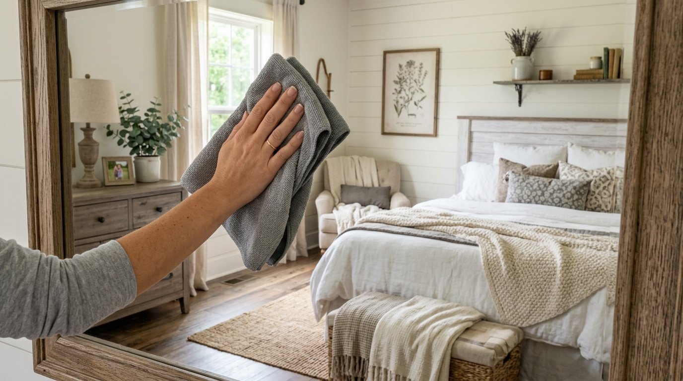 Close-up of a hand using a gray cloth to wipe a mirror showing a rustic bedroom interior with a made bed.