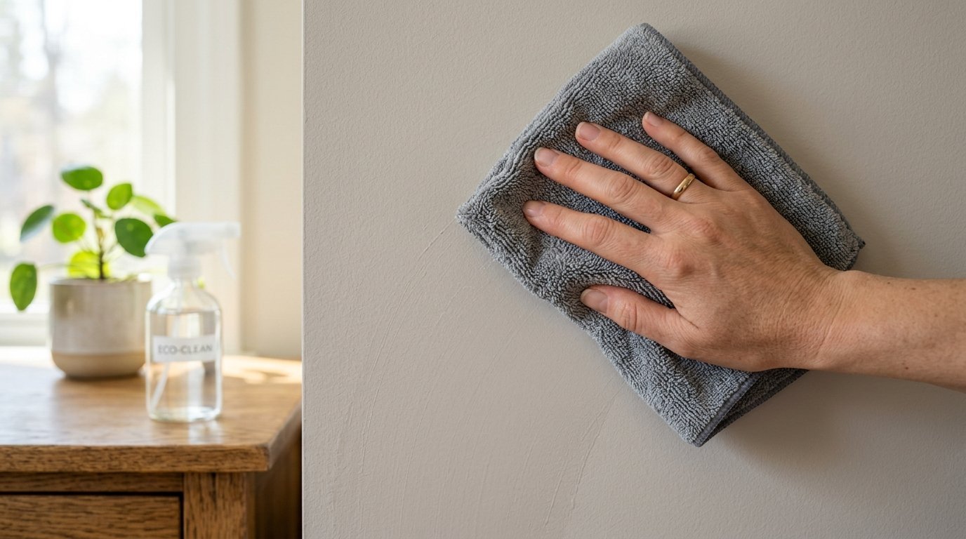Close-up of a person wiping a light-colored wall with a grey cloth.