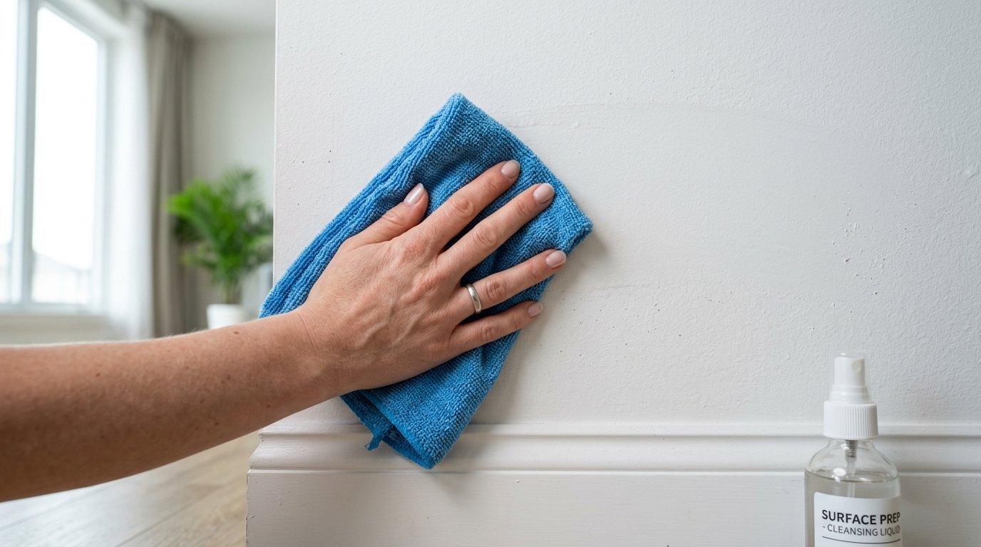 Close-up of a hand using a blue cloth to wipe a clean wall next to a bottle of surface prep liquid.