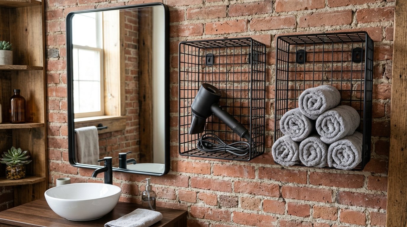 Black wire storage baskets mounted on a red brick wall, holding rolled grey towels and a black hair dryer.