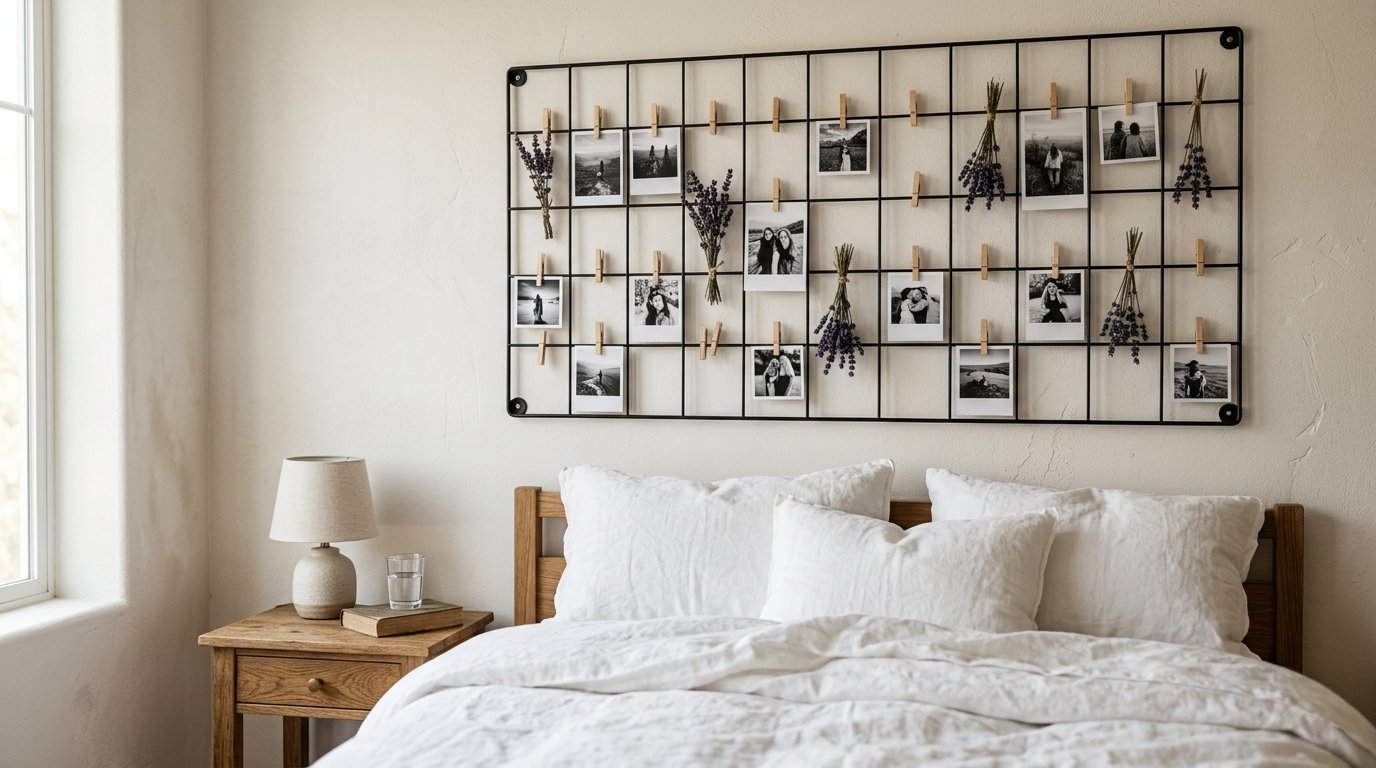 A wire grid wall display holding black and white photos and dried lavender sprigs above a white bed.