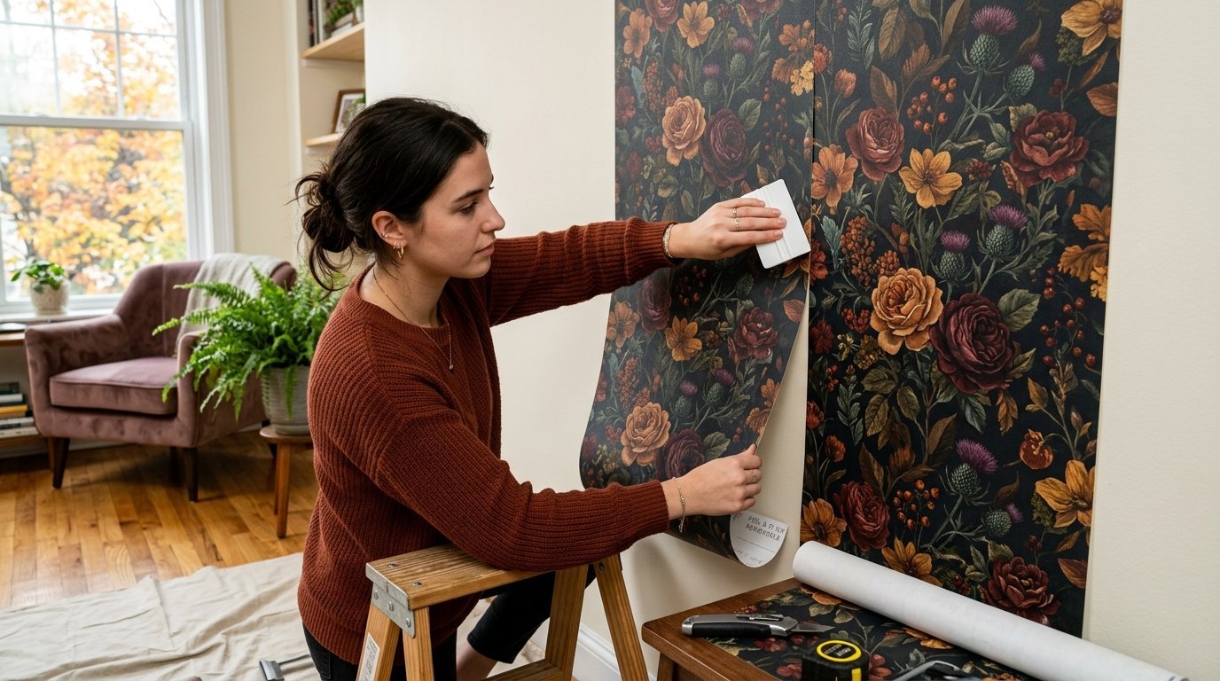 Woman standing on a step stool applying dark, moody floral wallpaper to a white wall with a plastic smoother.