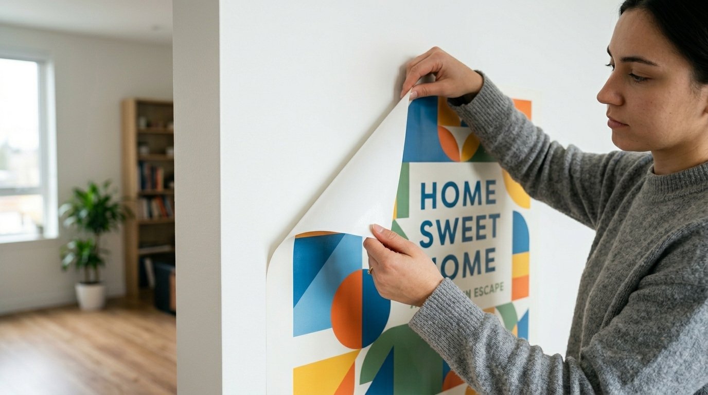 A person peels the backing off a home sweet home art decal before sticking it to a white interior wall.