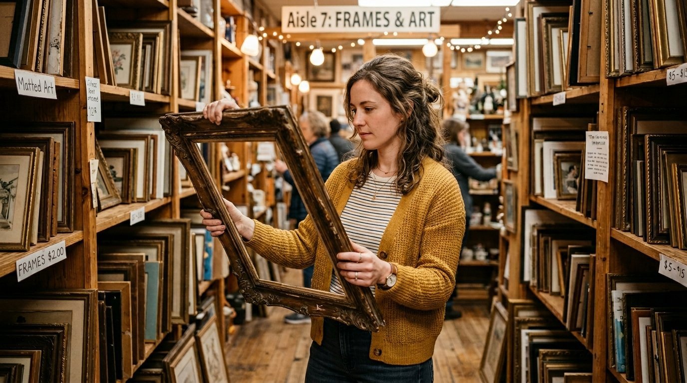 Customer browsing wooden shelves of artwork and decorative frames at a local antique store.