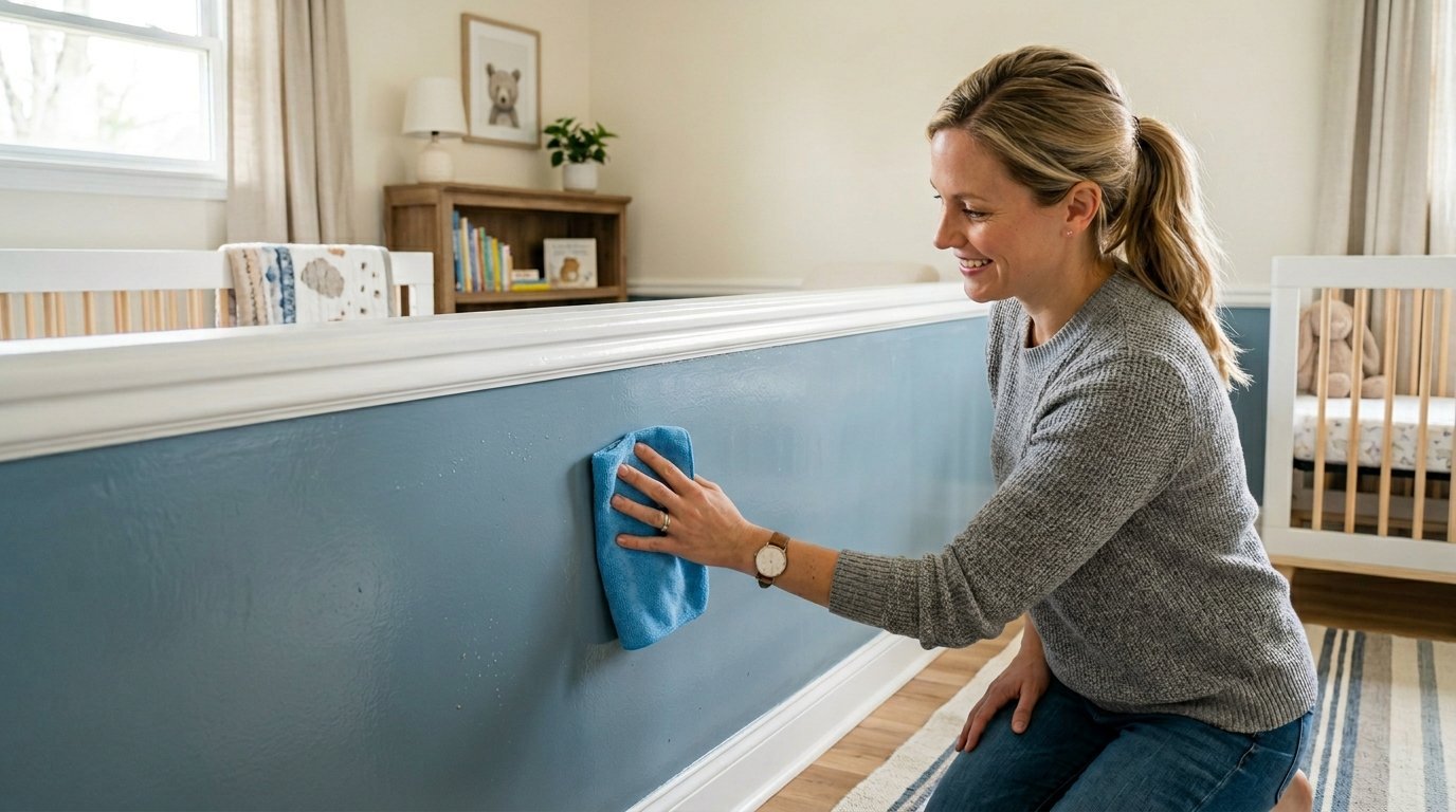 A blonde woman in a grey sweater uses a blue microfiber cloth to clean a painted wall in a baby room.