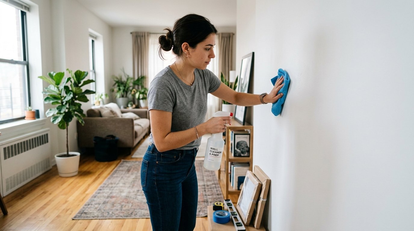 Person holding a spray bottle and blue cloth while cleaning a residential apartment wall before painting.