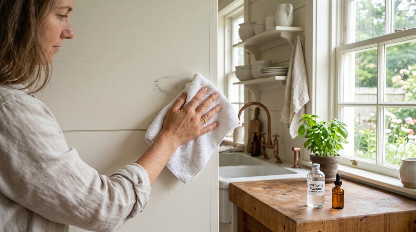 Close up of a person removing dark scuff marks from an off-white wall with a microfiber cloth.