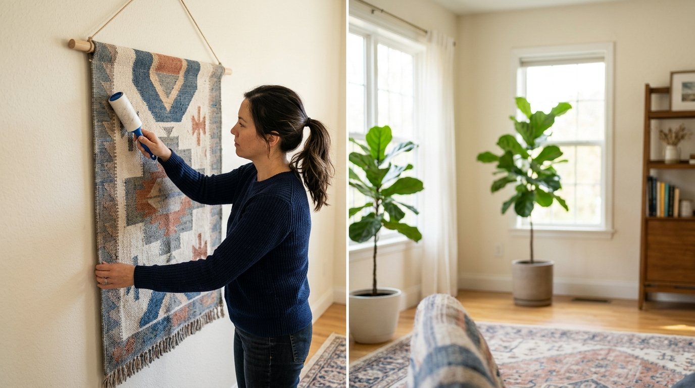 A person in a navy sweater cleaning dust off a decorative patterned fabric wall hanging with a blue lint roller.