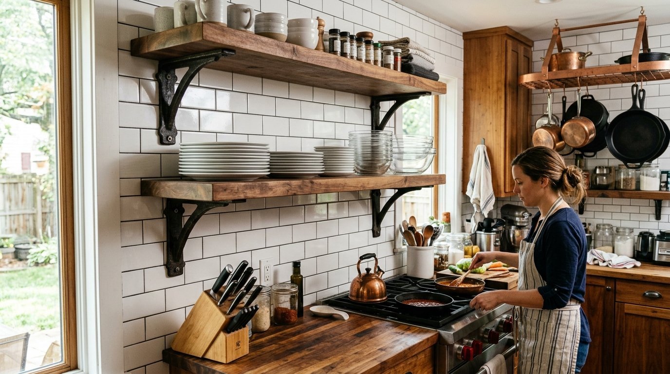 A woman in a striped apron stirs food in a skillet on a stovetop with wooden shelves and white subway tile above.