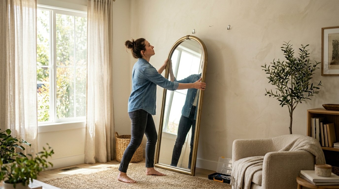 A person in a denim shirt adjusting a tall, arched floor mirror in a sunlit living room.