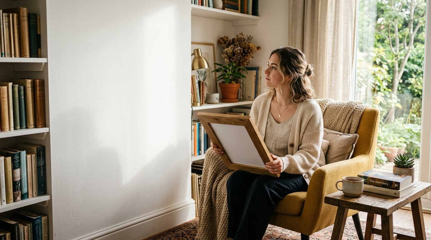 Young woman with wavy hair seated in a yellow chair holding an empty wooden photo frame near a bookshelf.