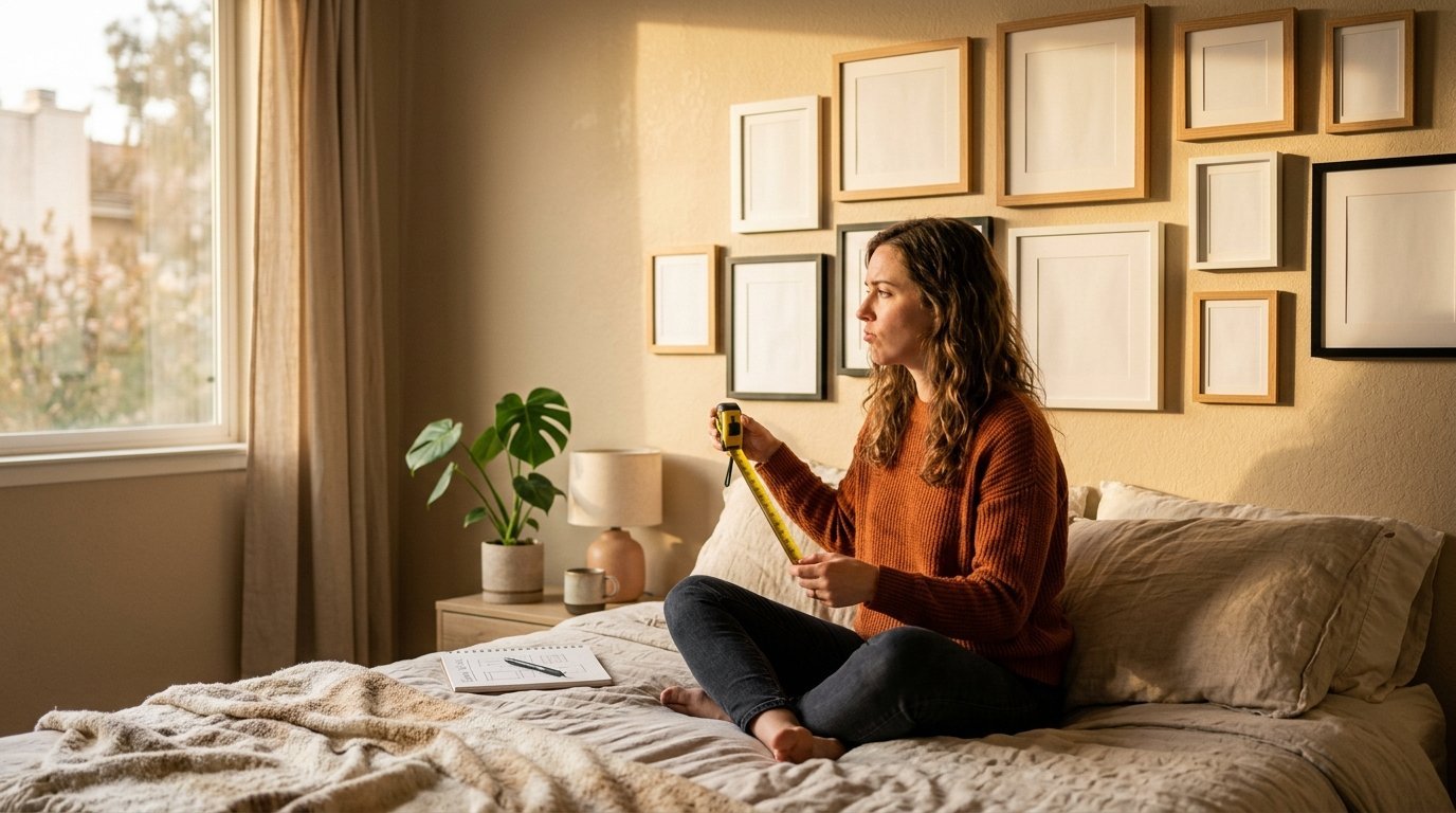 Young woman in a sweater holding a yellow tape measure while sitting cross-legged on a bed in a sunlit bedroom.