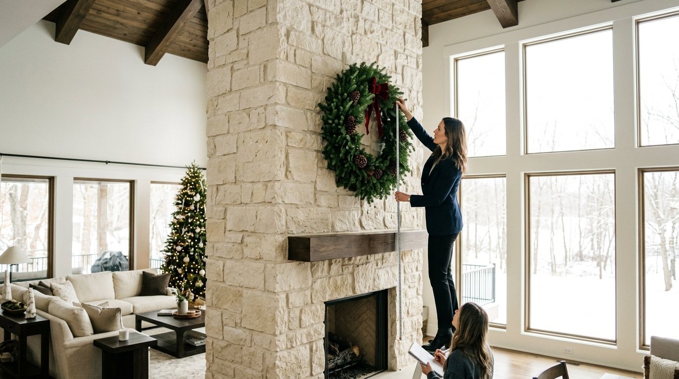 A woman uses a tape measure on a Christmas wreath while a colleague records notes in a cozy living room.