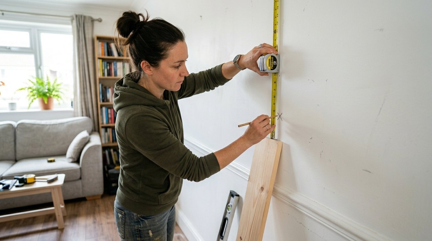 A woman in a green hoodie holding a tape measure against a white wall while marking a spot with a pencil.