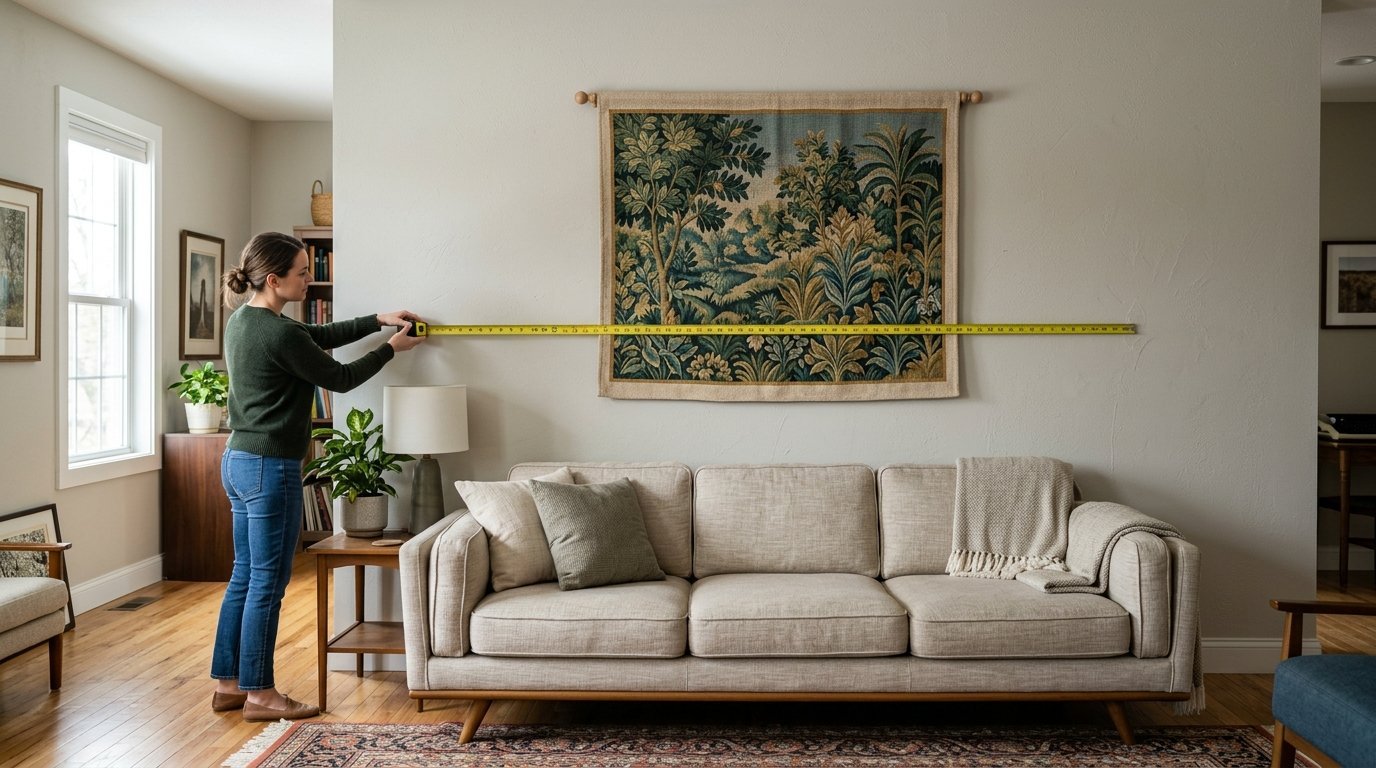 Woman in a green sweater holding a yellow measuring tape across a beige wall above a sofa.