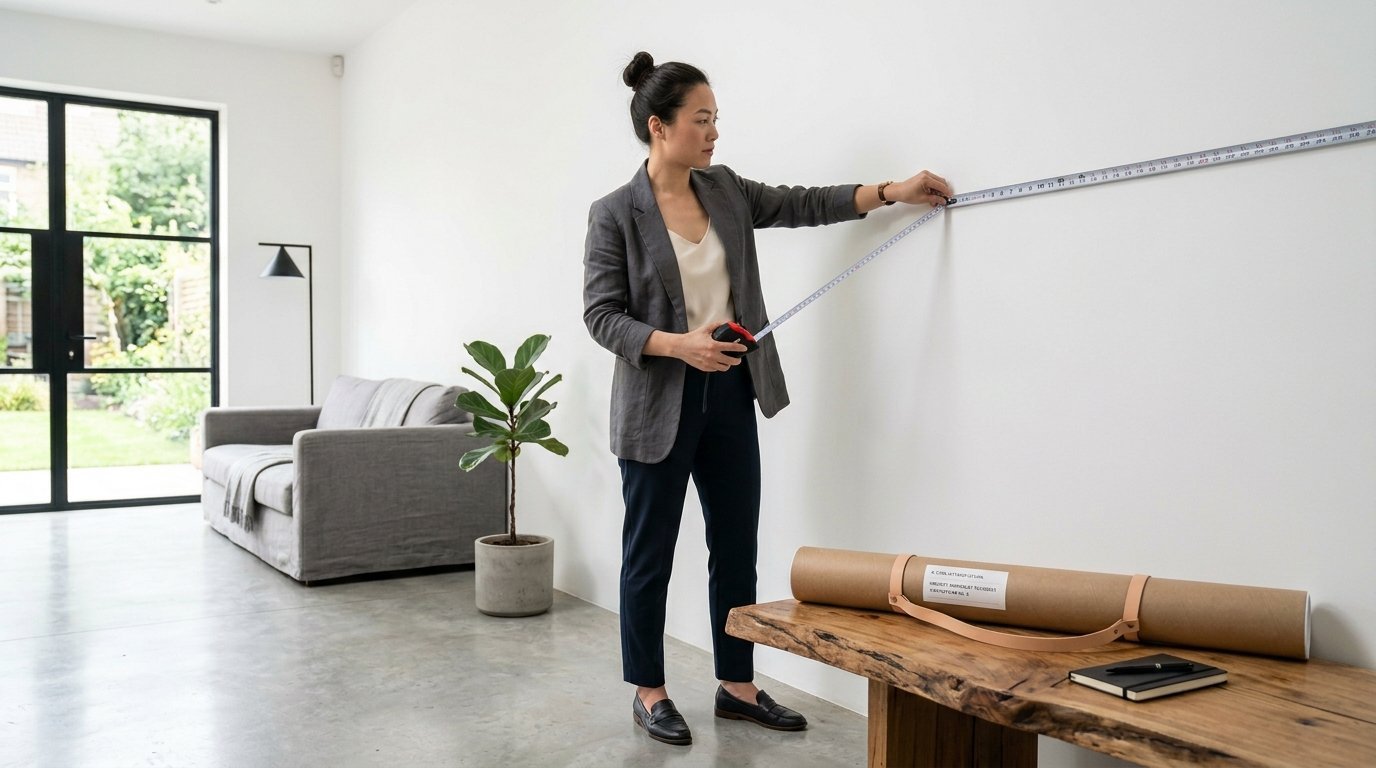 Asian woman in a blazer uses a tape measure on a blank white wall in a modern living room.