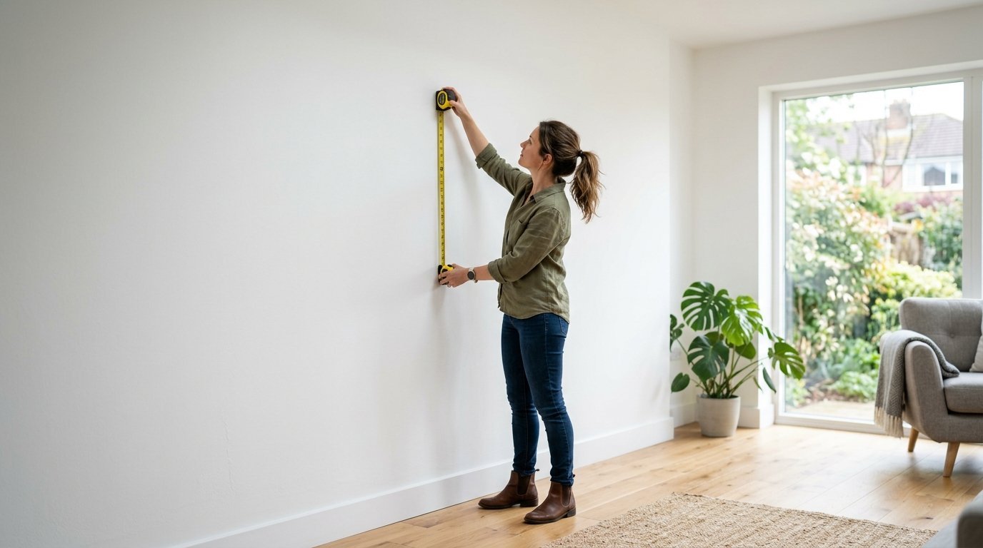 A woman with a ponytail standing in a bright home interior and measuring a tall white wall with a yellow tape measure.
