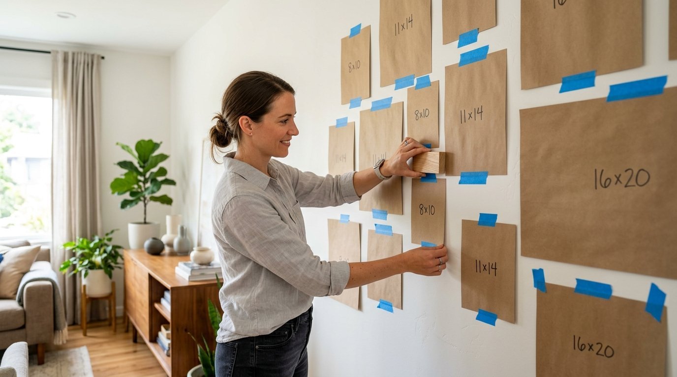 Smiling woman holding paper frames with dimensions written on them to plan a gallery wall layout.