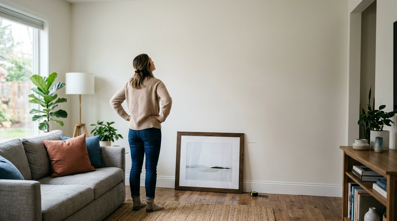 Woman standing with hands on hips, looking at a blank wall to hang a framed landscape print.
