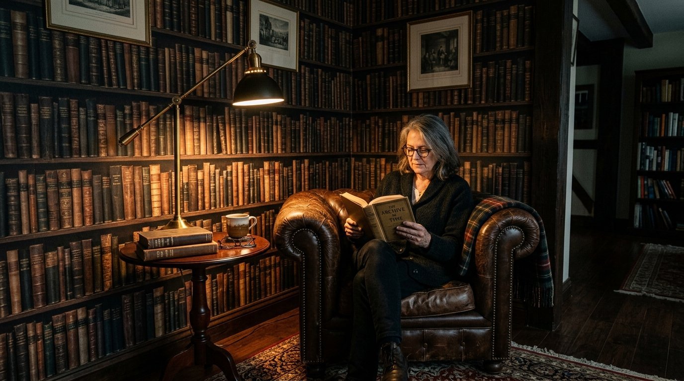 A woman wearing glasses sits in a brown leather chair reading by a lamp in a cozy home library with wall-to-wall books.