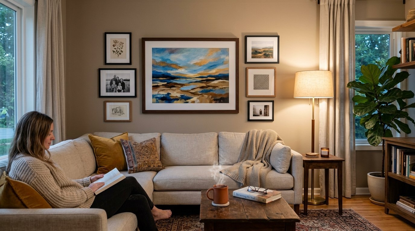 A woman sits on a beige sectional sofa reading while a steaming mug rests on a rustic wooden coffee table.
