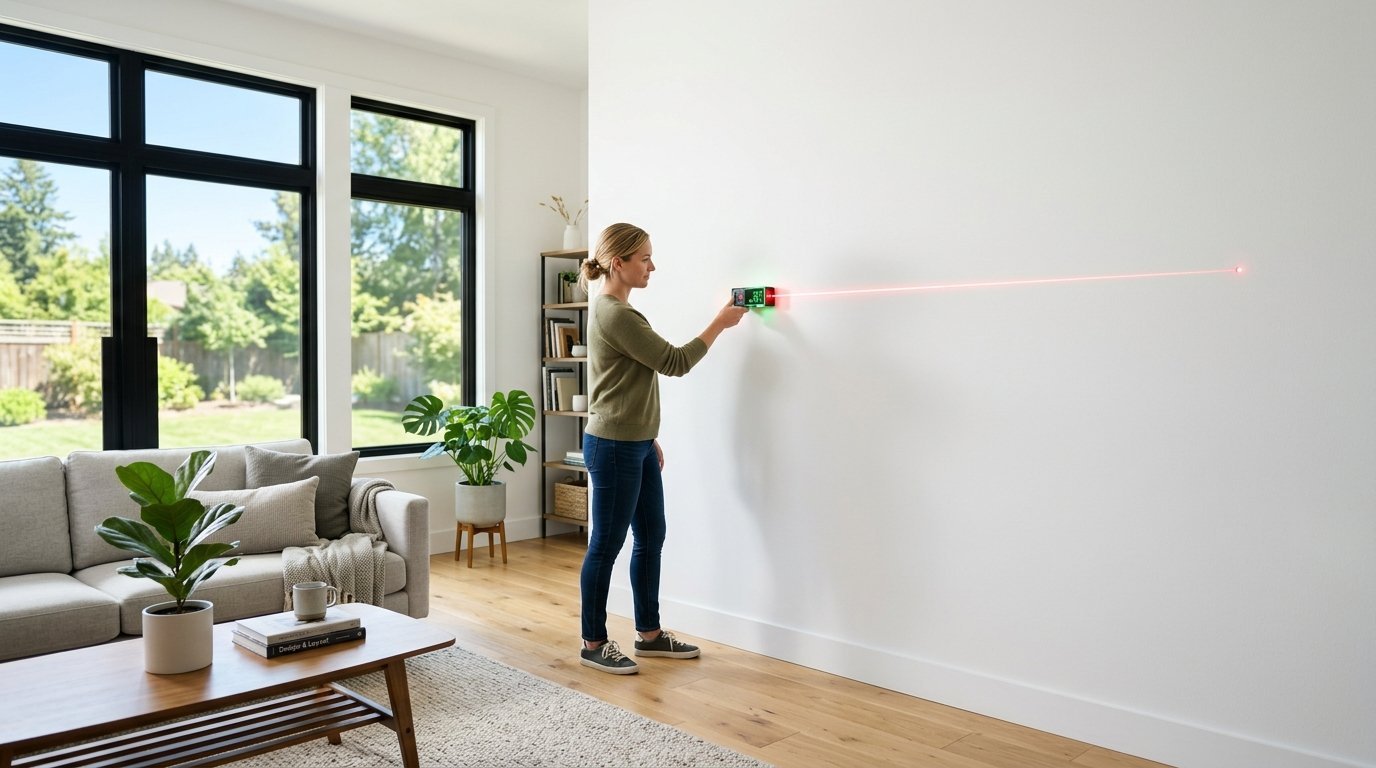 Person holding a green and black digital laser leveling device against a blank interior wall.