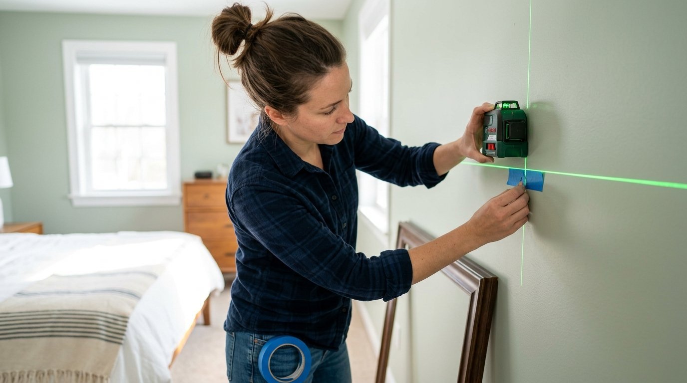 A woman in a plaid shirt uses a laser level to mark a spot on a green wall with blue painter's tape.