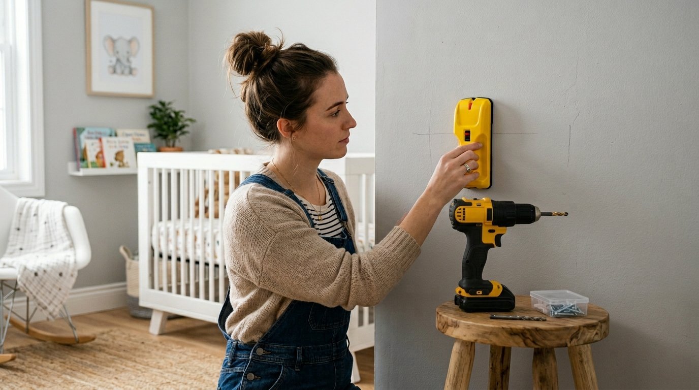 A woman wearing denim overalls uses a yellow stud finder to locate support beams on a grey wall.