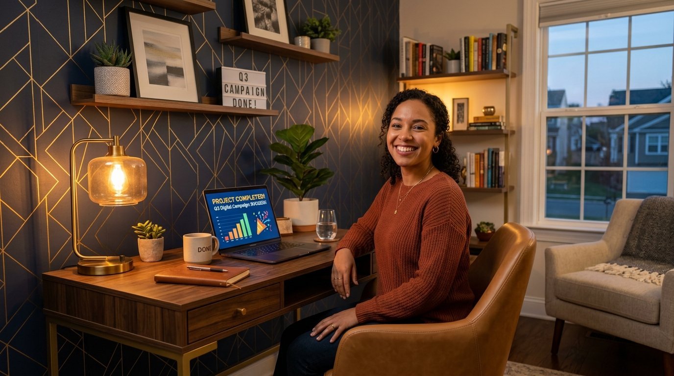 A woman in an orange sweater works at a wooden desk with a laptop displaying a completed project chart.