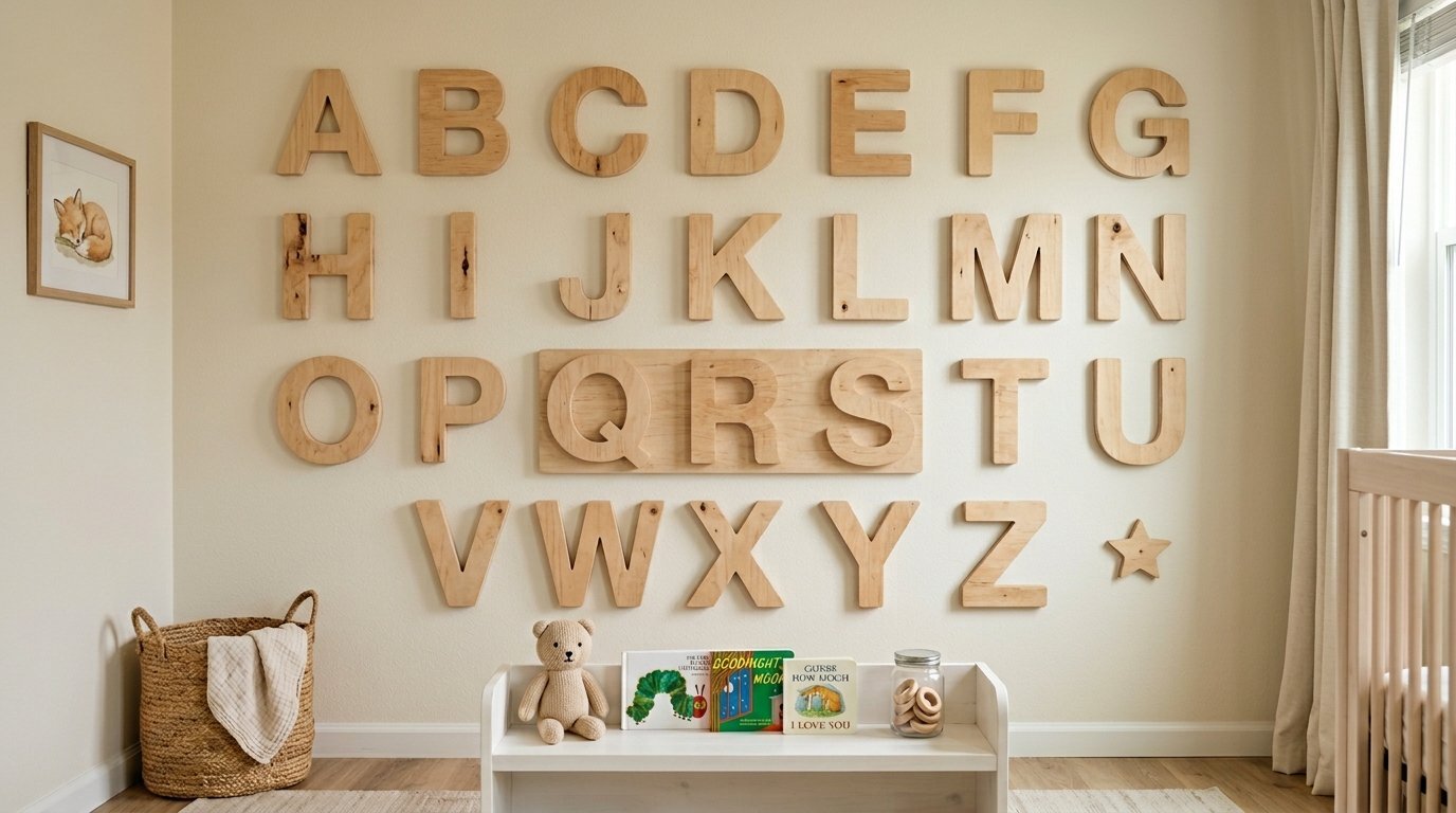 Wooden alphabet letters arranged on a bedroom wall above a shelf with a teddy bear and children's books.