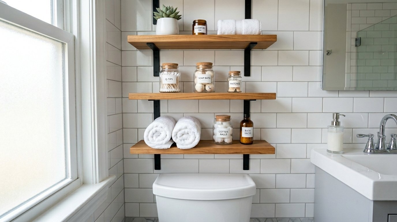 Floating wood shelves featuring glass jars, rolled towels, and a small plant against a white subway tile wall.