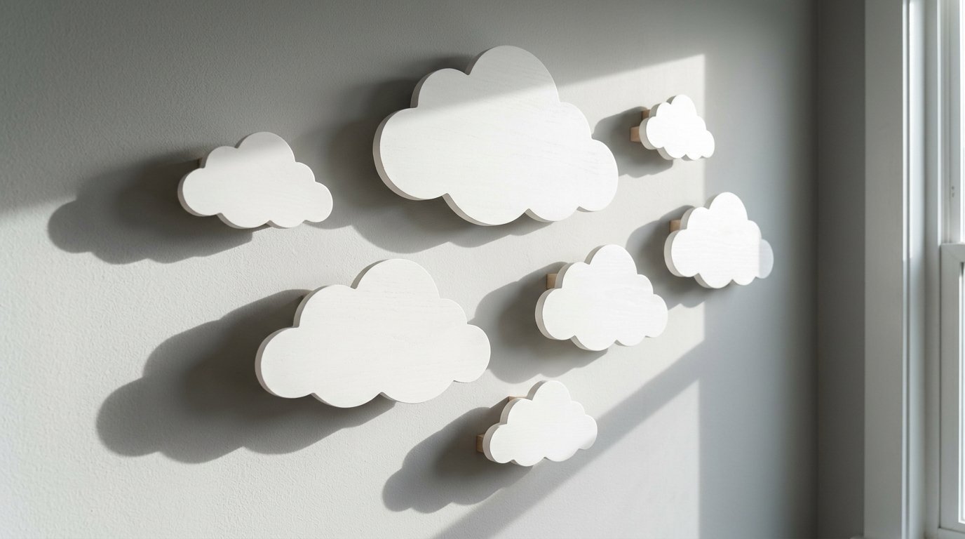 Several varying sizes of white cloud-shaped wall art casting soft shadows on a minimalist nursery wall.