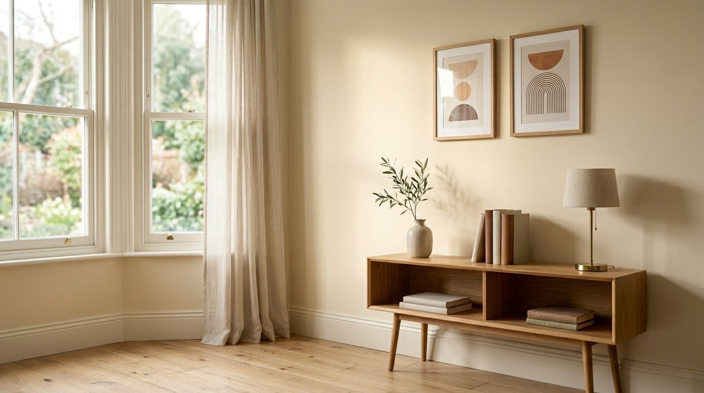 Mid-century wooden console with books, a small vase, and a table lamp against a beige wall with two framed art prints.