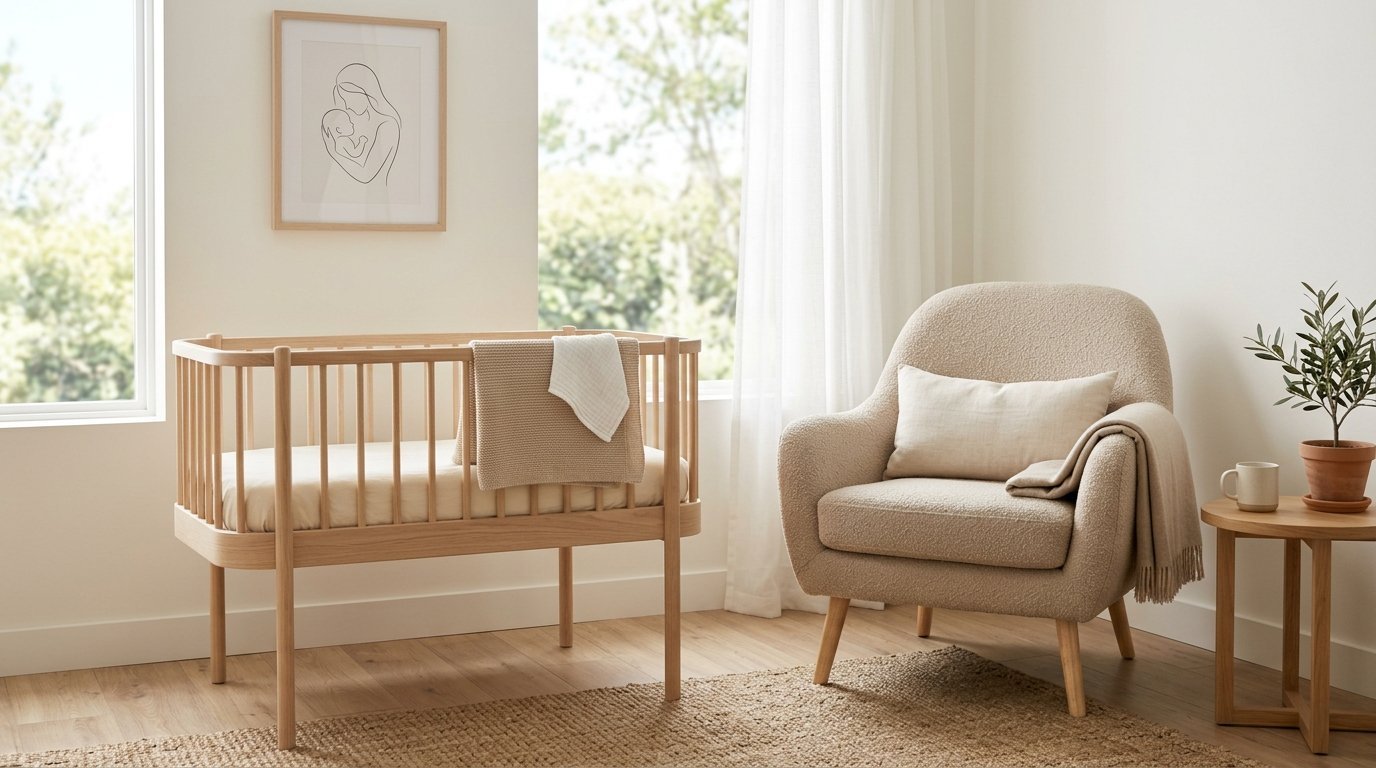 Modern wooden baby crib with a blanket next to a boucle accent chair and side table in a light-filled nursery room.