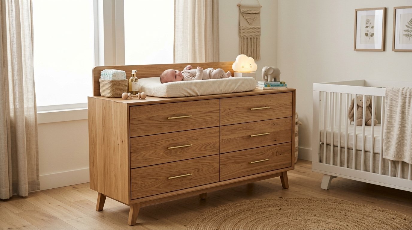 Baby resting on a wooden six-drawer dresser changing table next to a white crib in a bright, modern nursery.