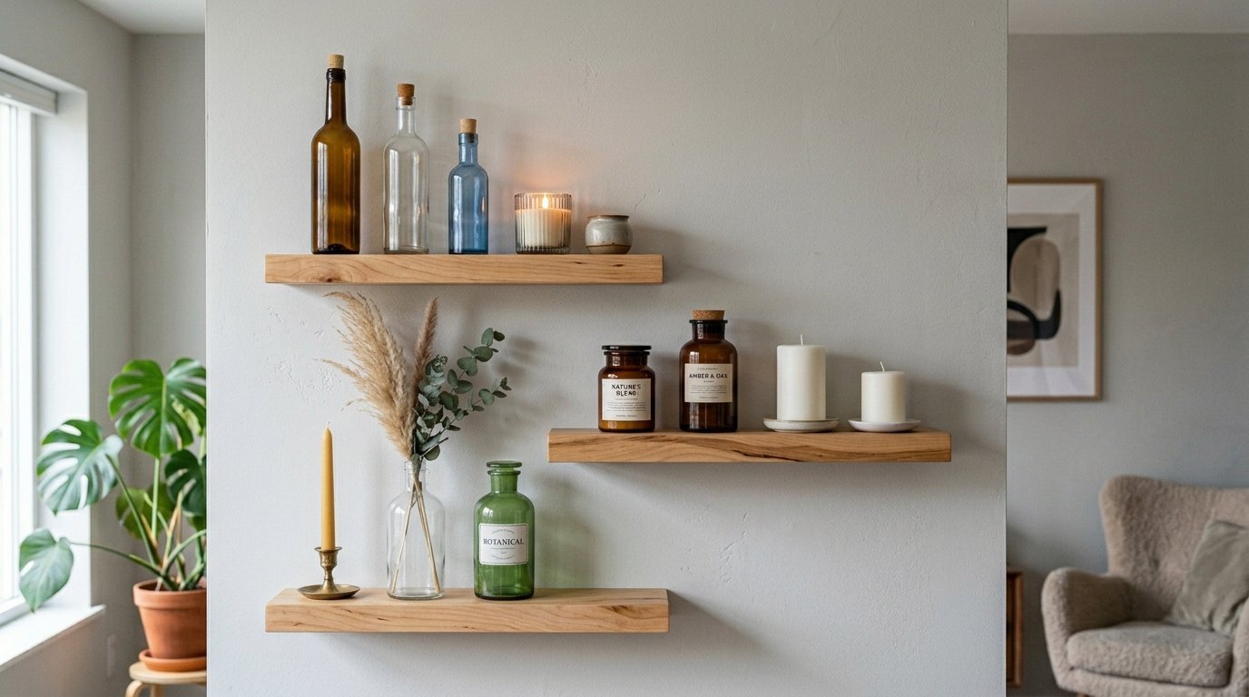 Floating timber shelves holding decorative glass jars, candles, and dried botanical stems against a white wall.