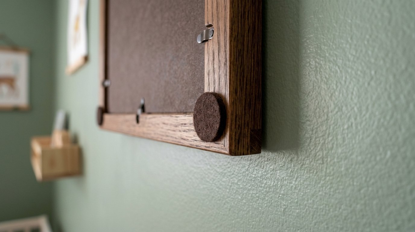 Round brown felt bumper attached to the corner of a wood frame hanging on a green textured wall.