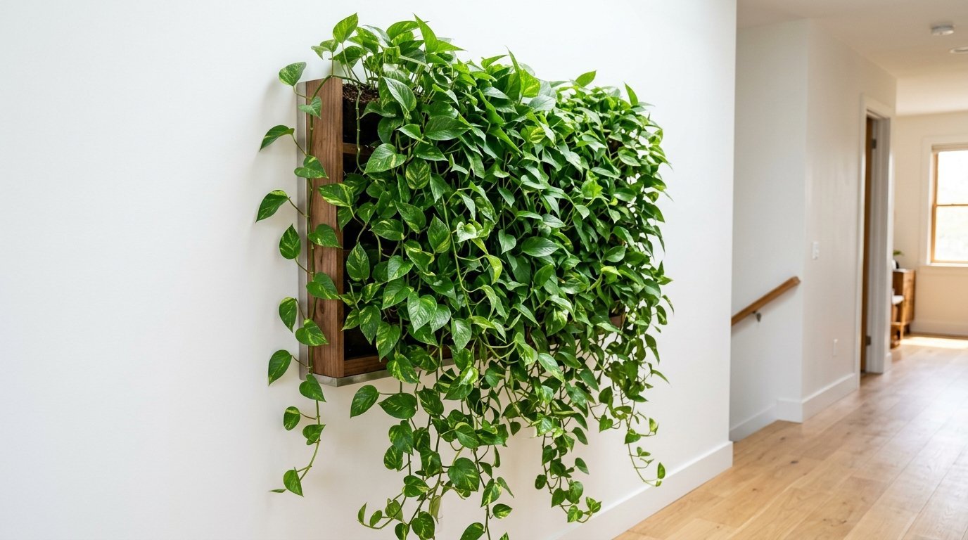 Lush green pothos vines cascading from a modern rectangular wooden planter hanging on a white wall.