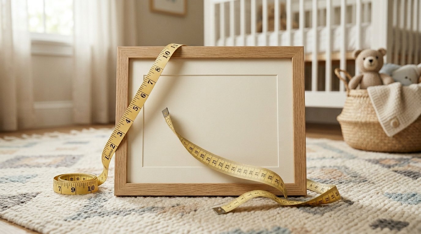 Empty wooden photo frame draped with a yellow measuring tape sitting on a textured rug in a baby room.
