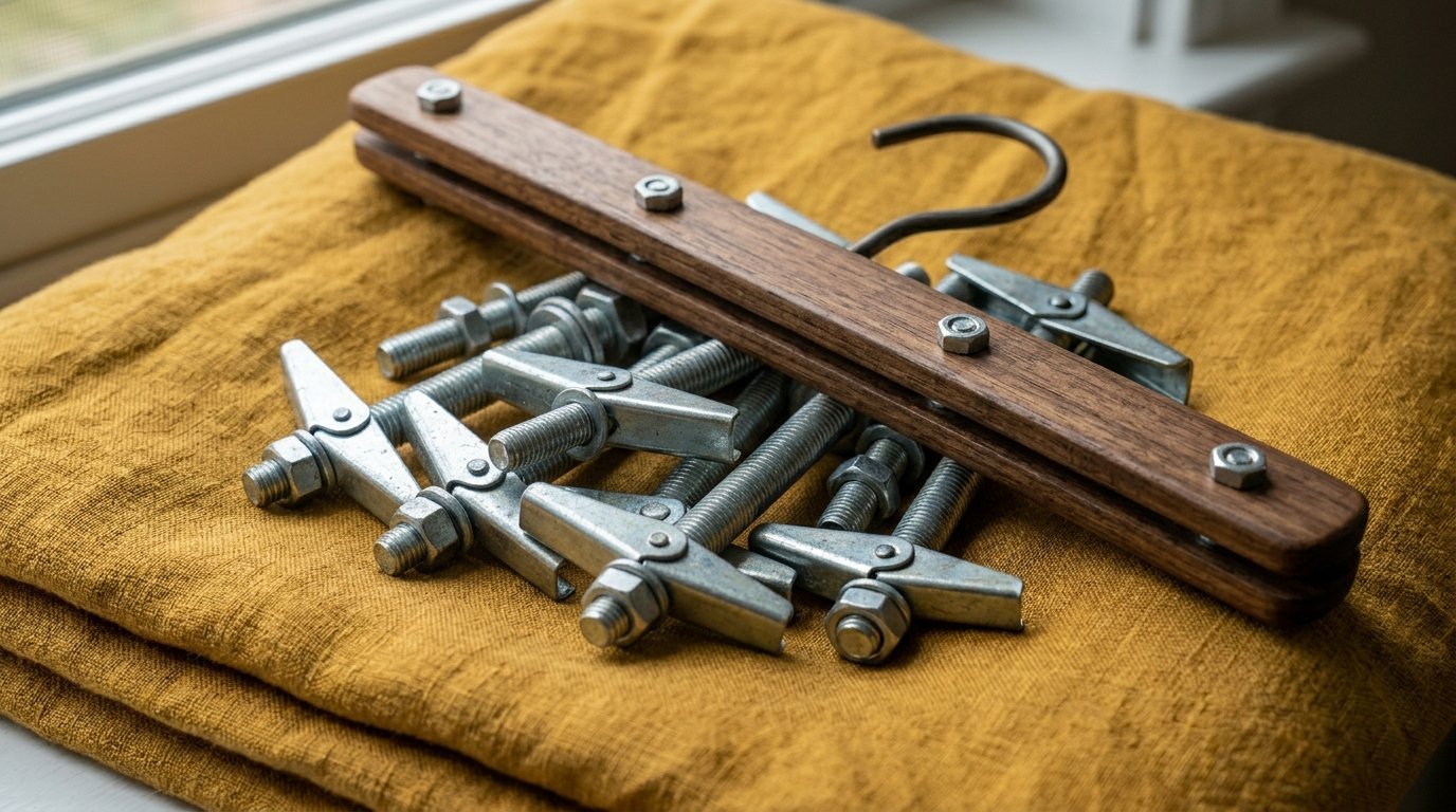 Close-up of a wood garment hanger lying across several metal toggle bolts on a textured mustard fabric.