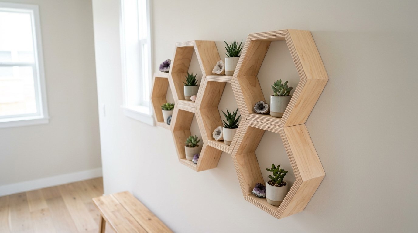 Floating geometric hexagonal shelving units mounted on a plain white wall holding small potted plants and geode rocks.