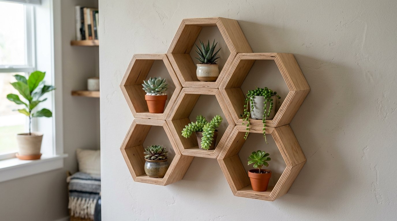 A honeycomb-shaped wooden wall unit holding various small green succulent plants.
