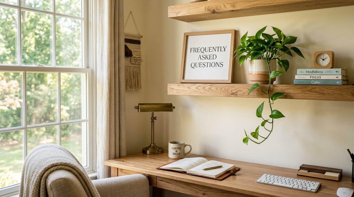 A sunlit wooden desk featuring an open notebook, a coffee mug, and wall shelves holding a sign and a hanging plant.