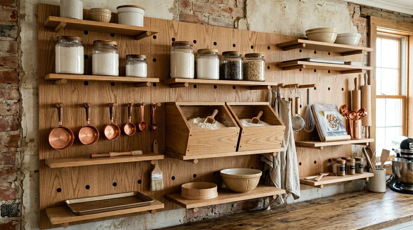 A wooden pegboard wall in a kitchen holds glass jars, copper measuring cups, and flour bins over a rustic wooden counter.