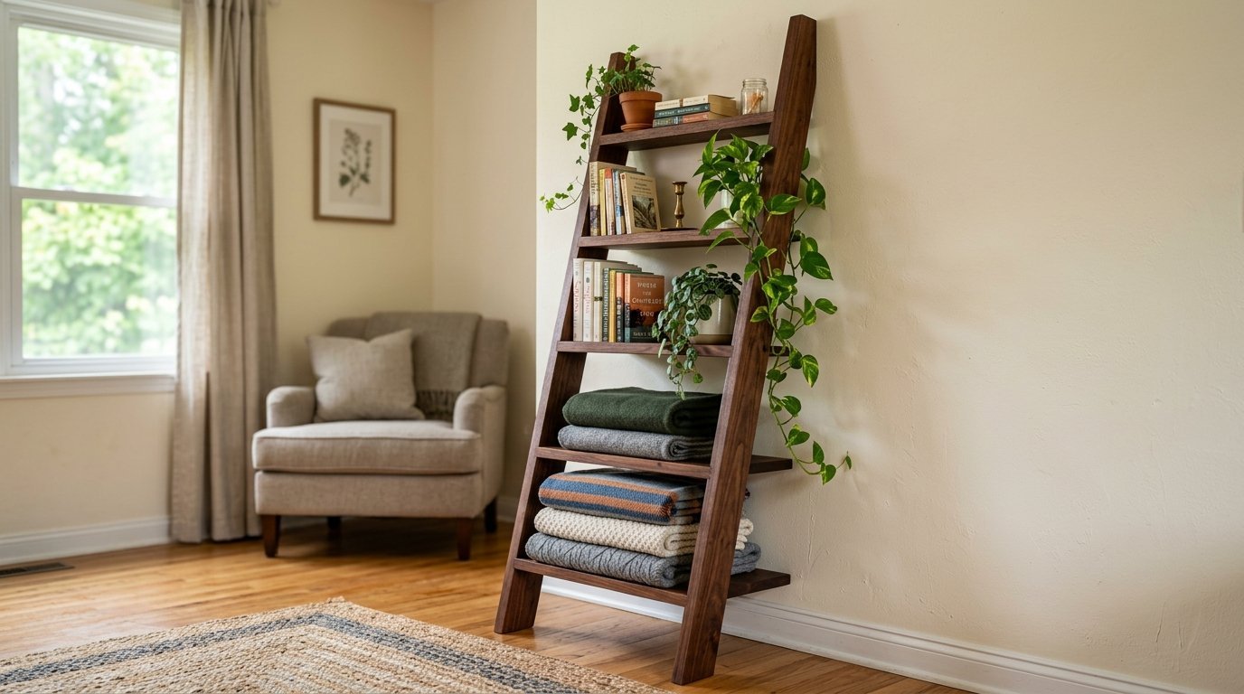 A leaning walnut ladder shelf decorated with books, trailing ivy, and stacks of cozy knitted blankets.