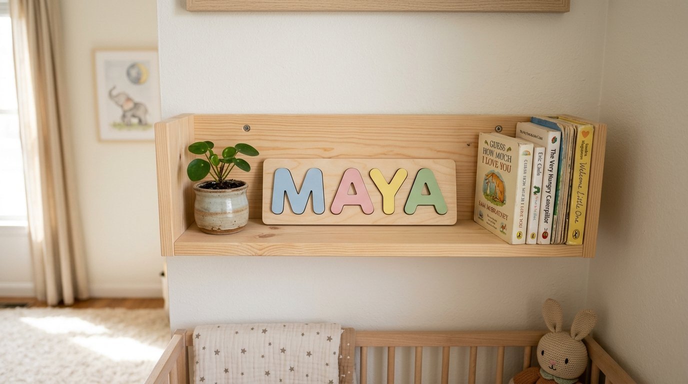 A pine wall shelf holding a pastel Maya name puzzle, a small potted Pilea plant, and several children's board books.