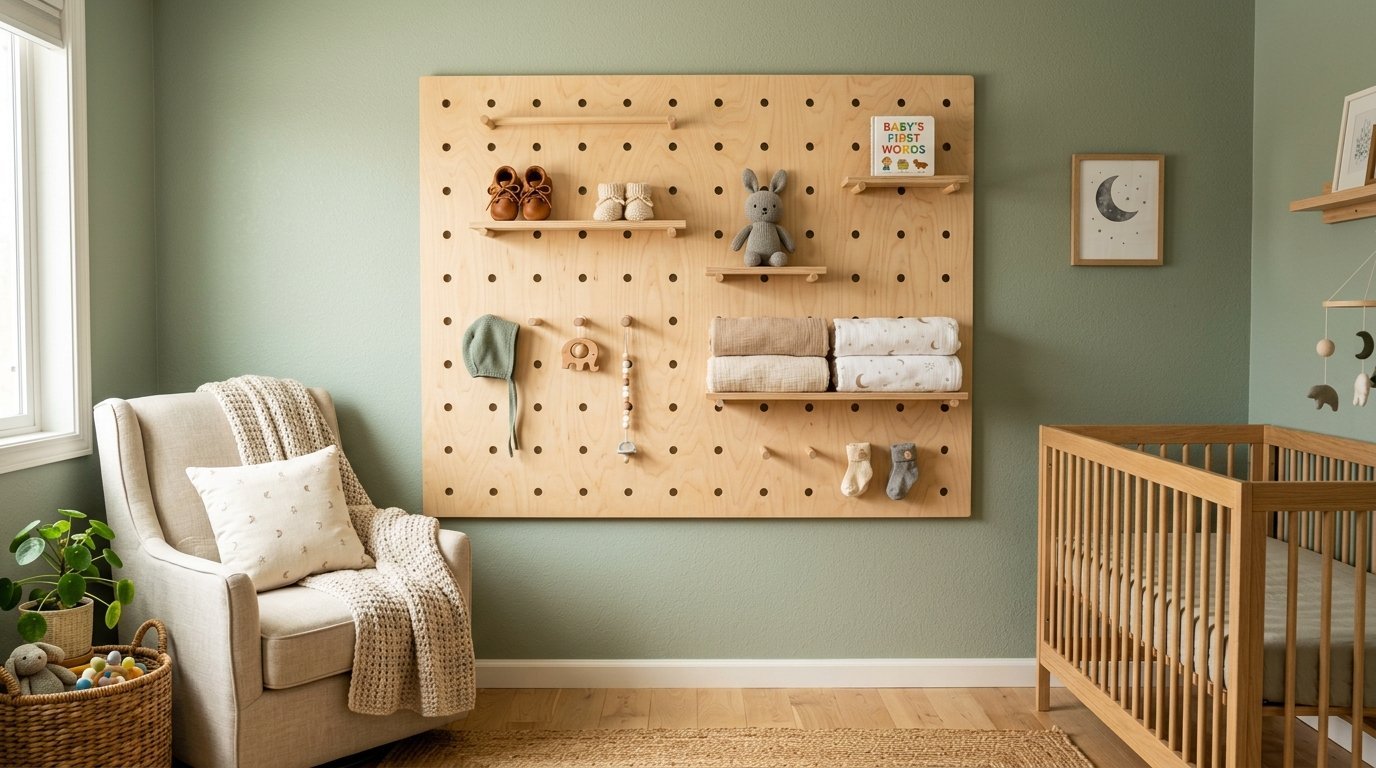 Large wooden pegboard mounted on a sage green wall, holding baby shoes, blankets, a stuffed bunny, and books.
