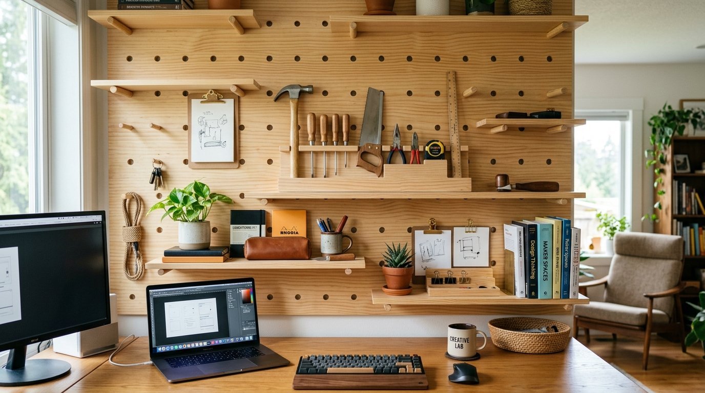 Modern desk setup with a laptop, mechanical keyboard, and tools hanging on a light wood pegboard shelf system.