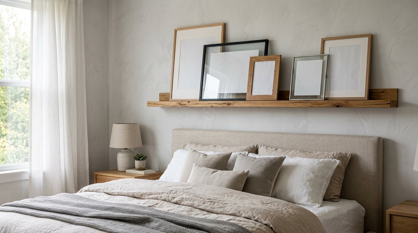 A beige upholstered bed sits below a floating wood shelf displaying several empty minimalist art frames.